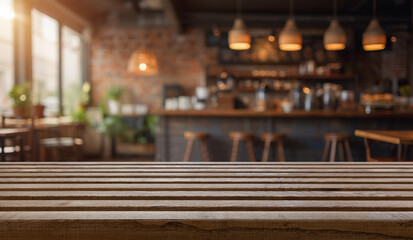 wooden table in a cozy cafe with warm lighting