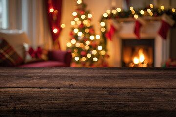 Beautiful natural wooden table with christmas background