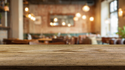 Rustic wooden table in a warm and inviting restaurant setting with soft lighting and cozy atmosphere