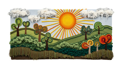 Colorful handmade crochet landscape with sun trees clouds and grassy hills isolated on transparent background, png