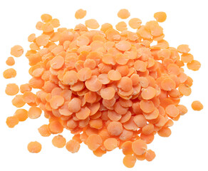 Pile of split red lentil seeds isolated on white background. File contains clipping paths.