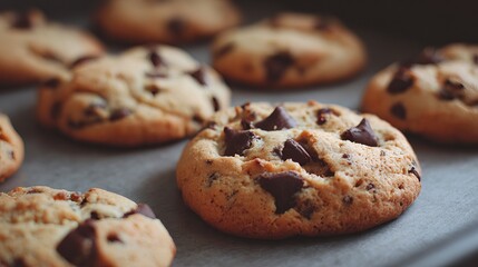 Melted chocolate chips stud warm, fresh baked cookies on a baking sheet, evoking cozy indulgence and homemade joy