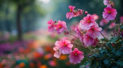 Obraz premium Delicate pink blossoms softly unfurl their petals against a dreamy, blurred garden backdrop, evoking tranquility and natural beauty.