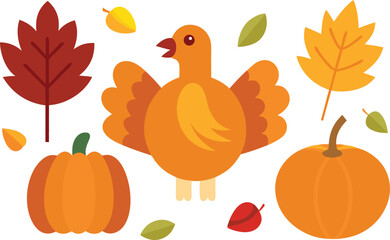 Thanksgiving day elements bundle vector illustration festive turkey pumpkins autumn leaves and berries