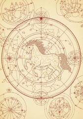 Obraz premium A drawing of a horse in the middle of a circle