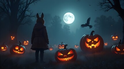 Rabbit-costumed figure with eerie calm wandering among jack-o'-lanterns against a moonlit foggy field