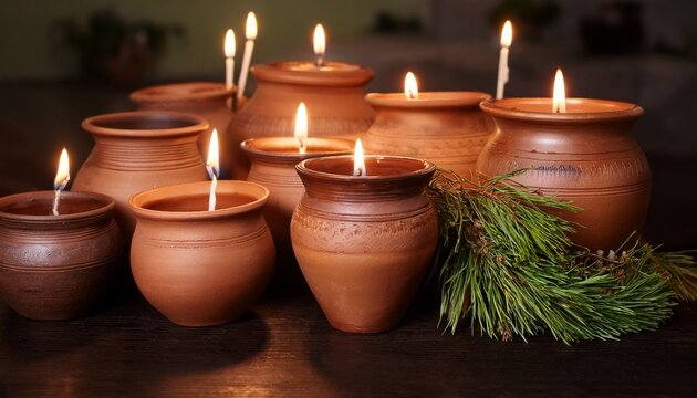 ancient clay pots with candles and greenery