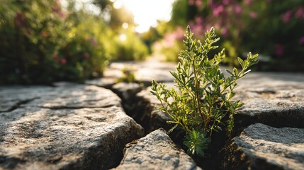 Resilient green plant pushing through cracked stone path bathed in warm golden sunlight amidst lush garden flora