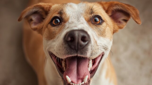 Joyful, happy dog with an open mouth and warm eyes, perfect for pet care and lifestyle content