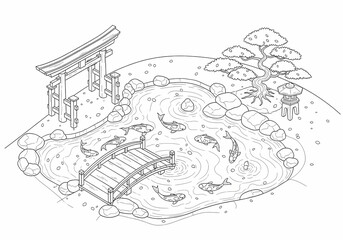 Obraz premium Isometric View of Japanese Garden with Koi Pond, Bridge, and Torii Gate