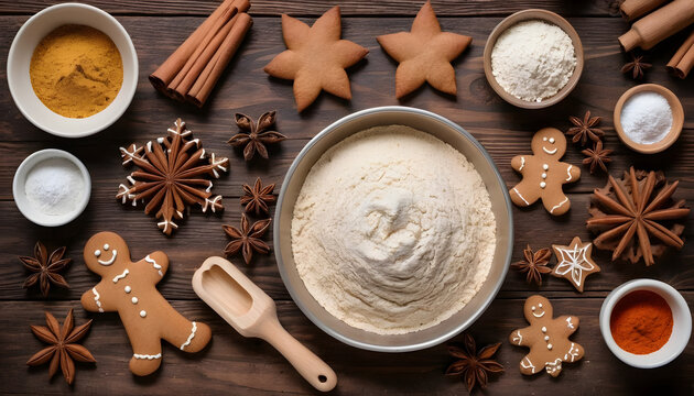 Flat lay of Christmas baking ingredients and gingerbread cookies on a rustic wooden surface, ready for holiday festivities