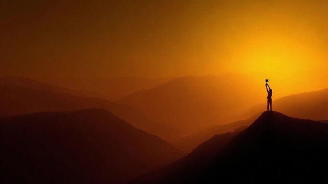 A lone figure stands on a cliff at sunset, silhouetted against orange mountains, raising an object toward the sky.
