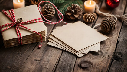 Festive holiday setting with blank kraft paper cards, red twine, pine cones, and warm candlelight on a rustic wooden background