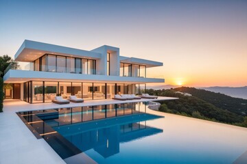 Fototapeta premium Luxuriöse moderne Villa mit Pool bei Sonnenuntergang und stilvollem Design