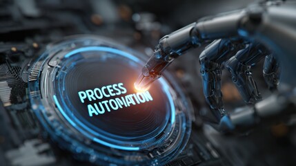 Robotic hand touching a digital button labeled process automation in a high-tech setting