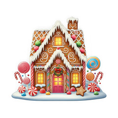 Naklejka premium An enchanting gingerbread house detailed with icing, candy canes, lollipops, and festive decorations, isolated on transparent background