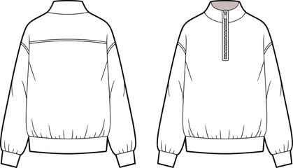Half zip pullover sweatshirt technical flat, front and back fashion template, elastic hem cuffs, mock neck casual top, clean CAD garment illustration © Earshad Creative