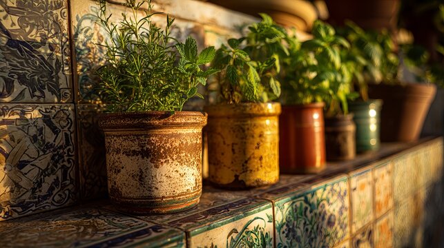 Sun-drenched herbs in rustic pots on decorative tiled shelf evoke warmth and natural freshness for culinary or home decor projects
