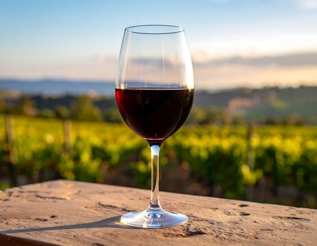 A glass of red wine sits on a table with vineyard landscape - Powered by Adobe