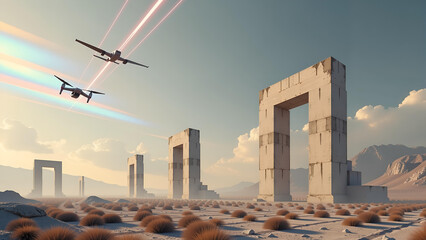 Imagine a surreal landscape where colossal geometric shapes grow from the ground like ancient monoliths, intersecting with a sky of iridescent hues. Drones resembling metallic birds zip through the ai