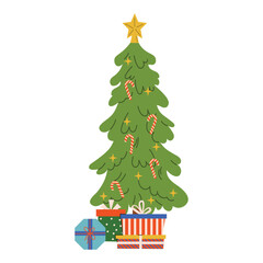 Christmas tree with holiday gift boxes in flat cartoon style. Festive illustration for winter greeting, postcard, print, sticker, decoration, celebration, or joyful New Year project design.