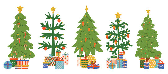 Set of decorated Christmas tree with toys and gift boxes under it in flat cartoon style. Cozy festive illustration for greeting, print, card, sticker, web, or winter holiday design project.