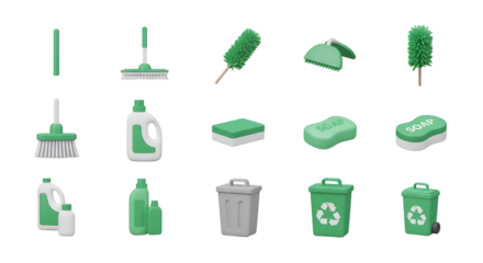 3d icon of collection of cleaning supplies isolated on transparent background for household chores