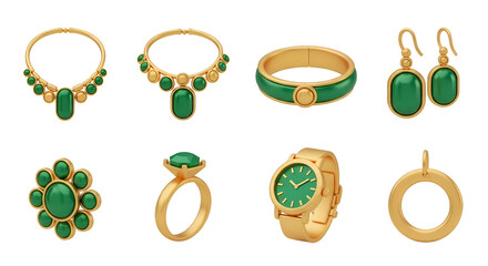 3d icon of collection of gold and green jewelry isolated on transparent background for accessories