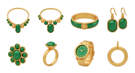3d icon of collection of gold and green jewelry isolated on transparent background for accessories