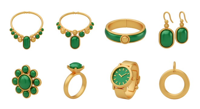3d icon of collection of gold and green jewelry isolated on transparent background for accessories