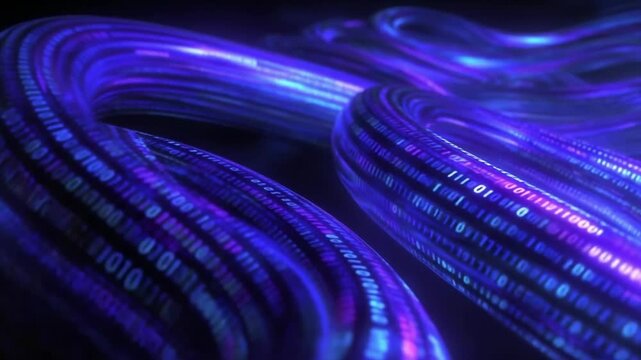 Blue and purple neon coils with binary digits, like data cables streaming through cyberspace.