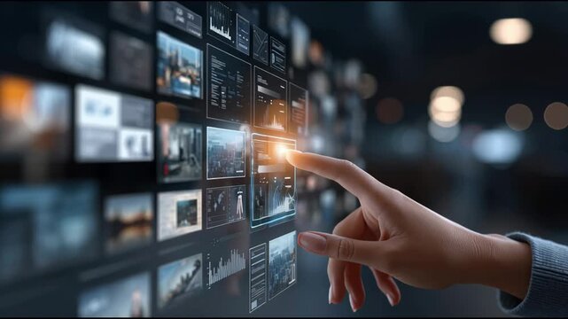 Futuristic technology showcased by hand and finger touching an interactive digital screen, selecting streaming video media from vast multimedia wall for on demand entertainment