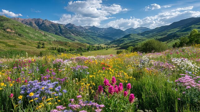Vibrant mountain meadow bursts with colorful wildflowers under a clear blue sky with fluffy clouds