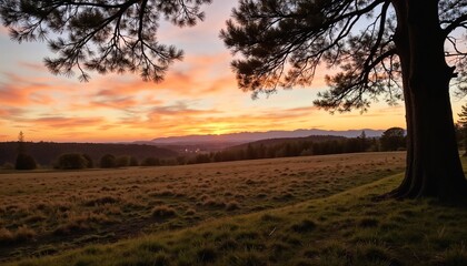Sunset over green meadow with trees under colorful sky  