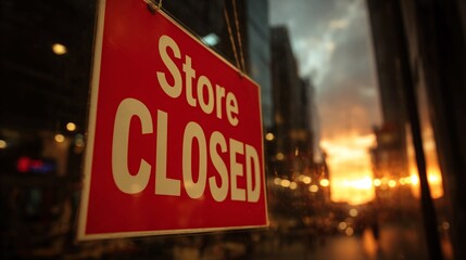 Striking red closed sign hangs in a shop window at sunset, offering a glimpse of the golden hour glow in the city, creating a sense of finality and signaling the end of the day