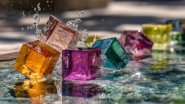 Vibrant glass cubes splash dynamically in crystal clear water creating mesmerizing abstract patterns with sparkling reflections