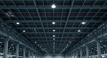 Industrial warehouse interior with rows of ceiling lights
