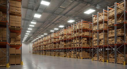 Rows of cardboard boxes stacked on industrial metal shelving in a warehouse