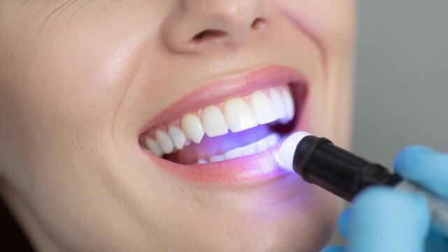 Dental whitening session with a blue LED light applied to the teeth.