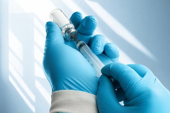 Hands of doctor with bottle during the injection to patient.
