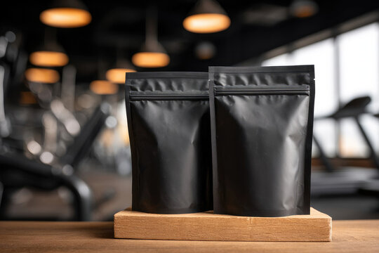Two black packaging pouches placed on wooden surface in a modern gym environment, showcasing fitness products with blurred exercise equipment in the background