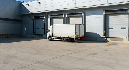 White truck parked at loading dock of modern warehouse