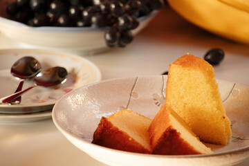 breakfast with cake and fruits