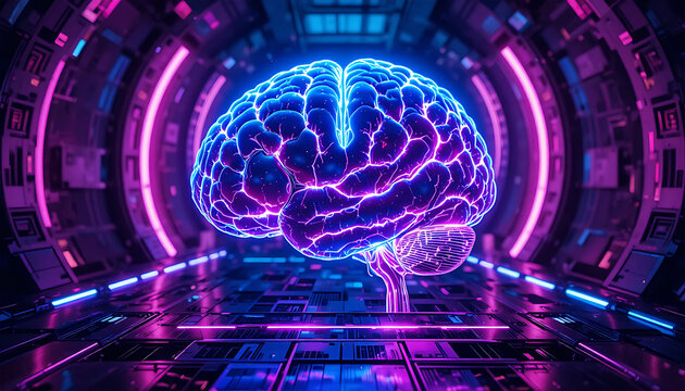 Glowing Neon Human Brain in Futuristic Digital Tunnel for AI and Technology - Powered by Adobe