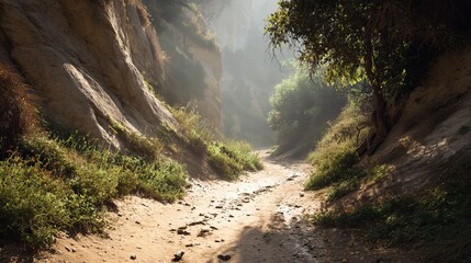 Sun-drenched canyon path invites adventure with dappled light and lush greenery on a serene exploration journey