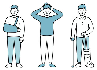 Vector illustration of injured men showing arm sling leg cast and headache with cane scalable eps graphic