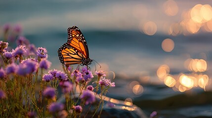 Stunning monarch butterfly rests on vibrant purple wildflowers with a serene blurred water background and warm bokeh lights
