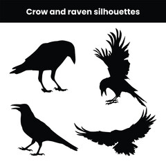 Crow and raven silhouettes isolated on white background featuring flying and perched birds perfect for gothic design halloween artwork wildlife illustration and dark nature themed vector projects