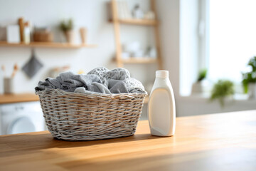Obraz premium Laundry basket filled with clean gray towels sits on wooden countertop beside laundry detergent bottle in bright, modern kitchen showcasing organized home environment