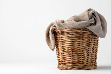 Obraz premium Woven wicker basket filled with a soft, textured towel draped over the edge, creating a cozy and inviting atmosphere for home decor and organization